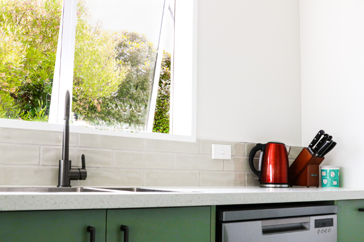 Close up of bench and sink detail in new kitchen