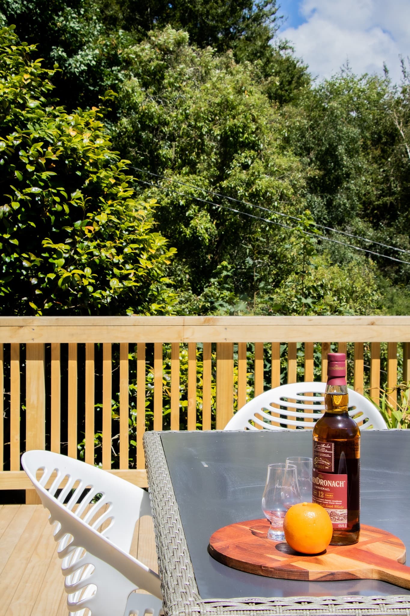 Brand new outdoor deck area featuring outdoor dining and tree top canopy view.