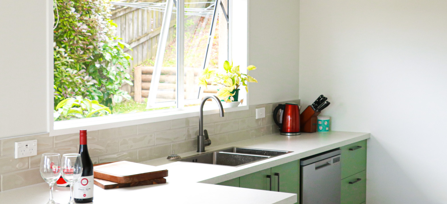 Wide angle of new kitchen renovation